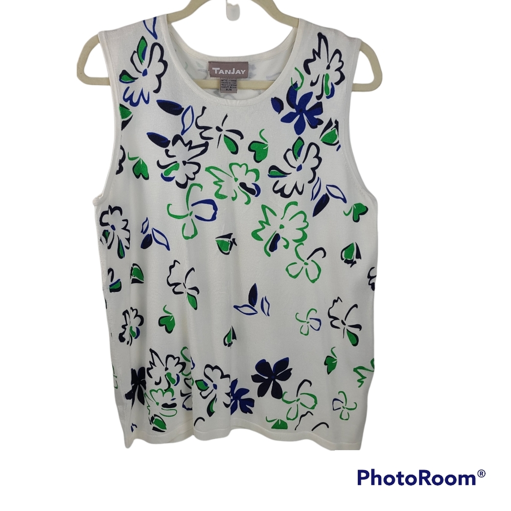 NWT Tanjay White Floral Sleeveless TANK Sweater Women's Medium Green & Blue